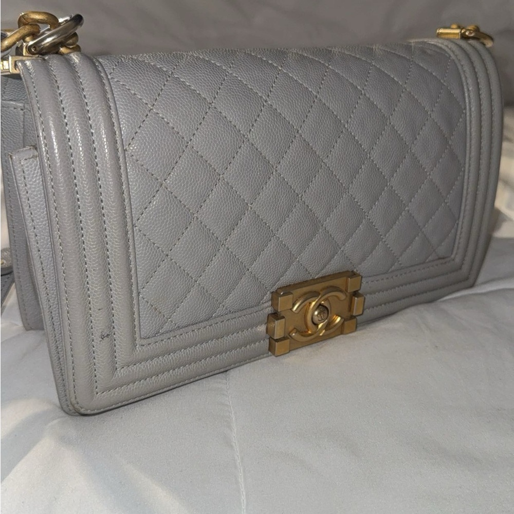 CHANEL Gray Quilted Crossbody with Gold Hardware